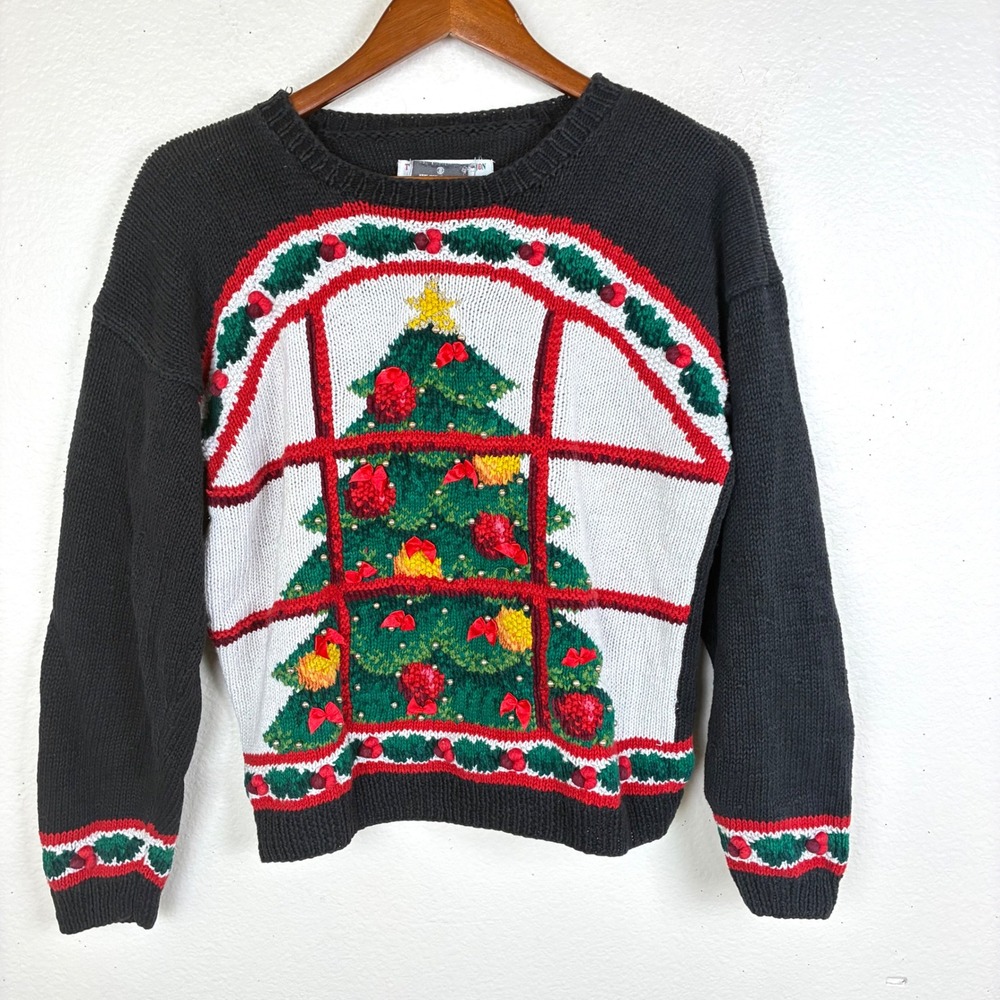 Vintage 90s Sweater S Embellished Holiday Christmas Thick Party Ugly Beaded